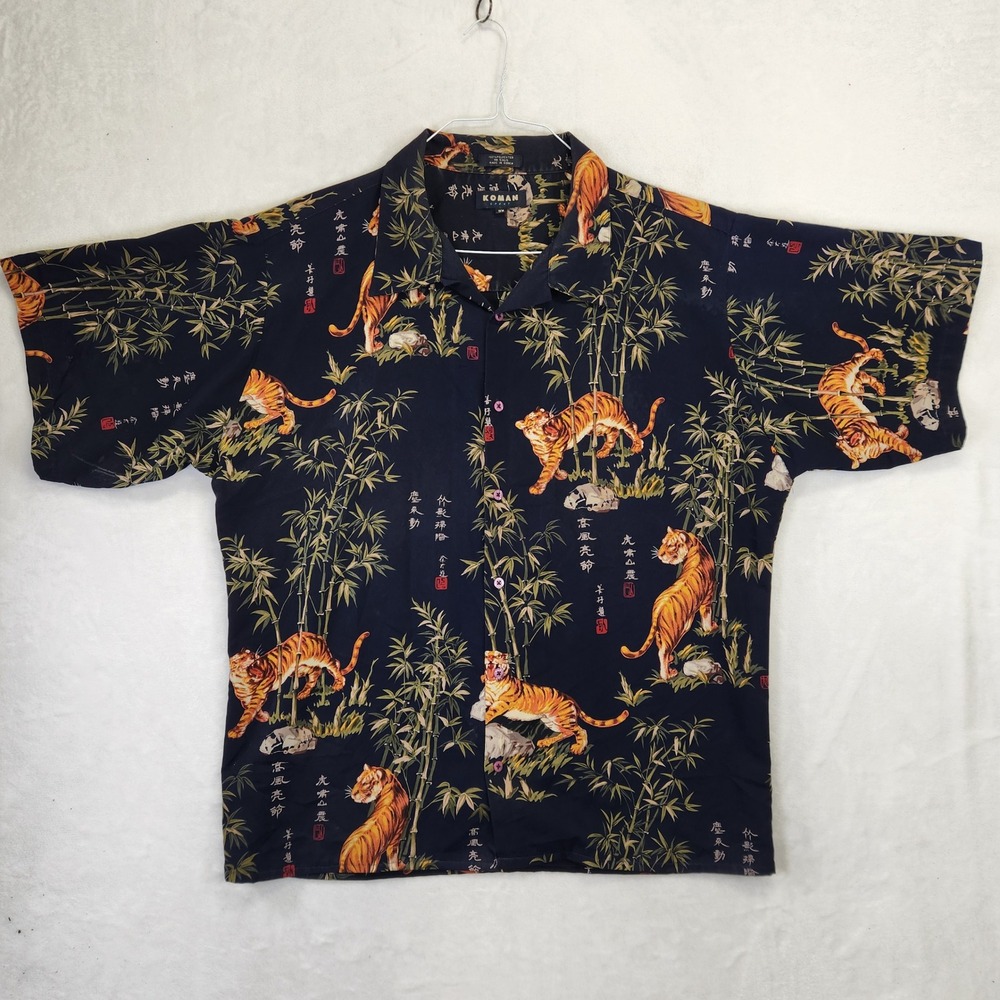 Koman Sport Mens 3X Tiger Bamboo Asian Print Short Sleeve Button Down Shirt Navy